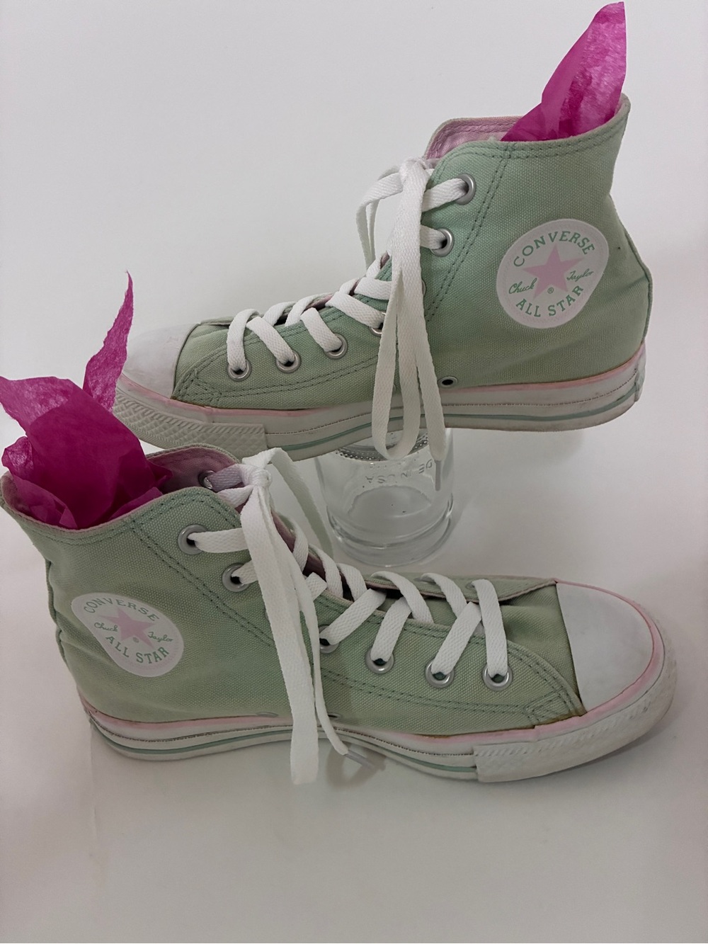 Converse High-Top Sneakers size 7 in Mint Green with Pink Accents